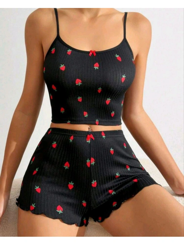 Kadın Siyah Çilek Desenli Seksi Gecelik Takım 6644
