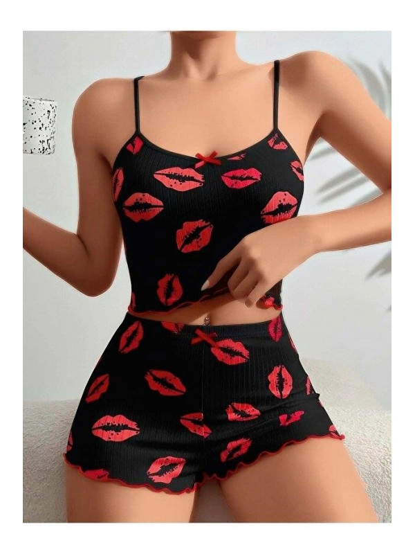 Kadın Siyah Dudak Desenli Şortlu Pijama Takımı 5057