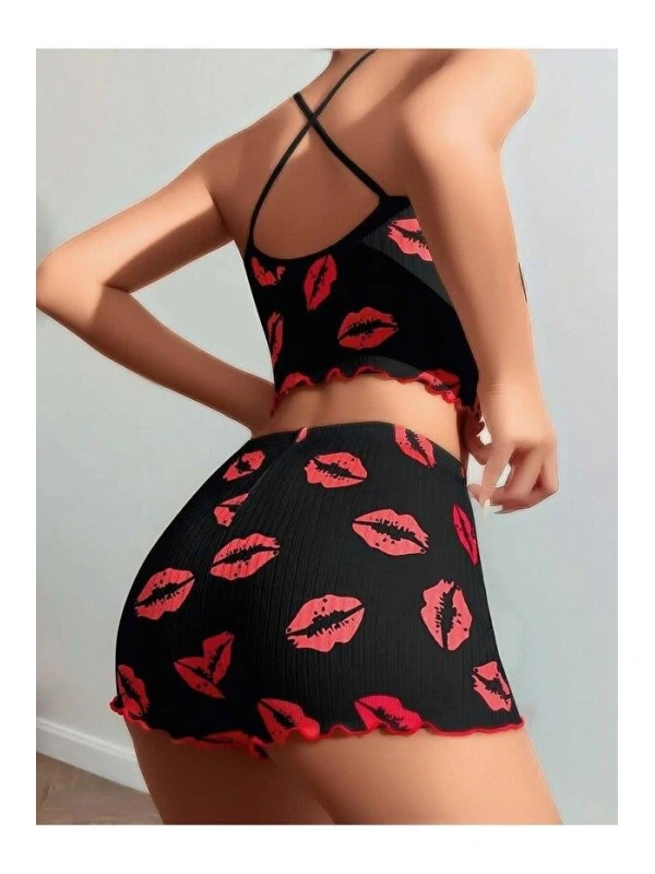 Kadın Siyah Dudak Desenli Şortlu Pijama Takımı 5057