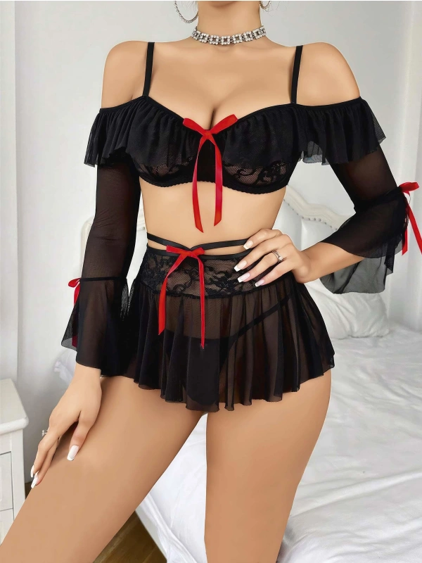 Kadın Siyah Etek Bustiyer Sexy Gecelik Takım 3831