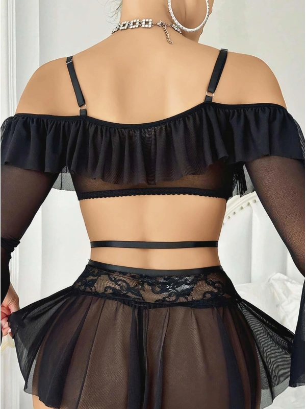 Kadın Siyah Etek Bustiyer Sexy Gecelik Takım 3831