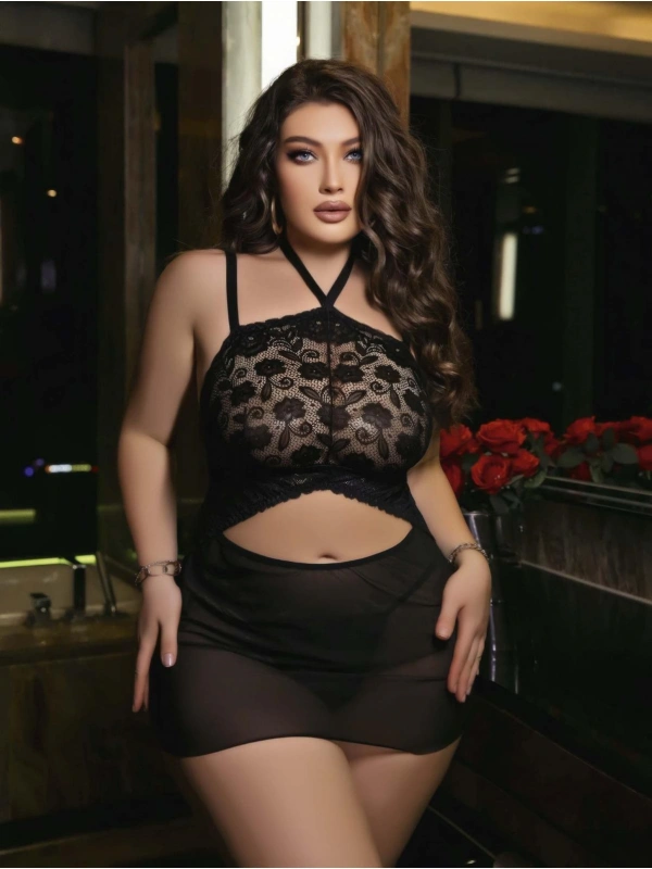 Kadın Siyah Fantazi Gecelik Kısa Tül Boyundan Bağlamalı 2200