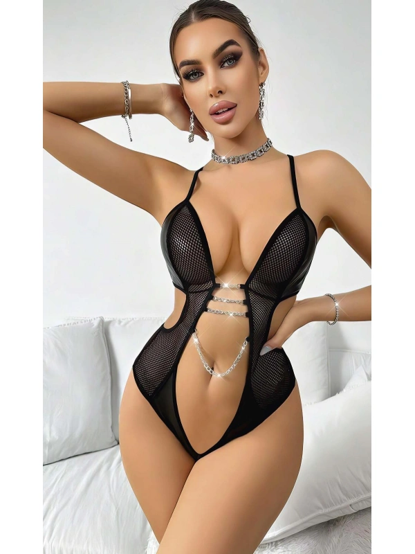 Kadın Siyah Fantazi Kostüm  Göğüs Dekolte Zincir Detaylı 2052
