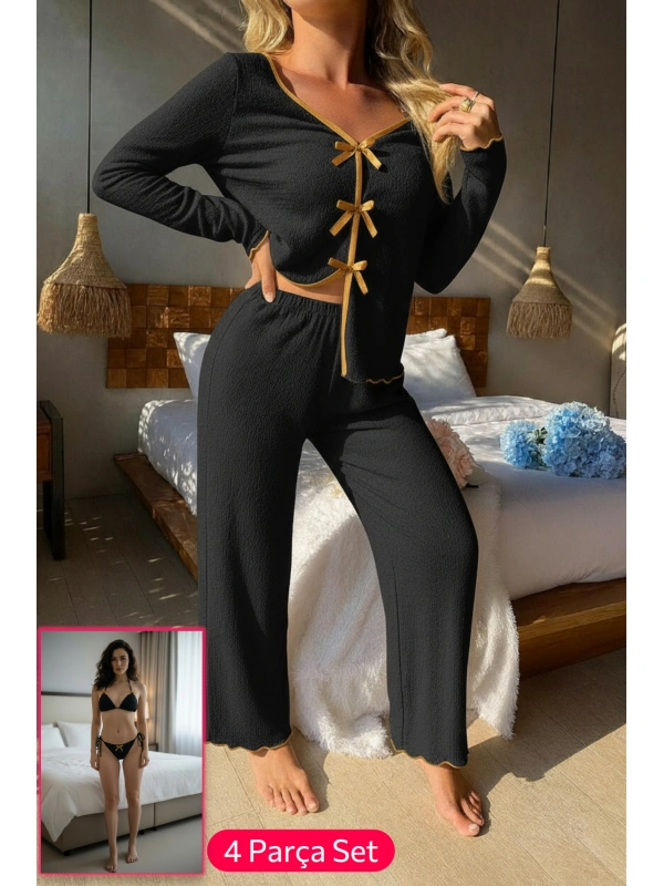 Kadın Siyah Fiyonklu İç Çamaşırı Ve Uzun Kollu V Yaka Pijama Takımı 4lü Set