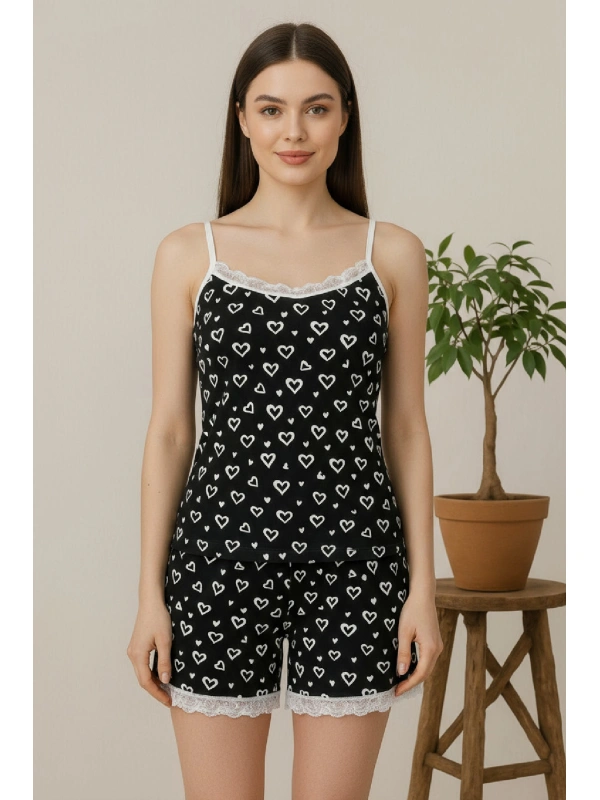 Kadın Siyah Kalp Desenli Askılı Şortlu Dantelli Pijama Takımı