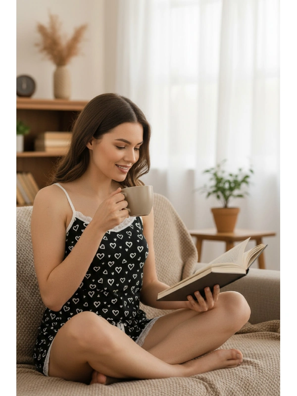 Kadın Siyah Kalp Desenli Askılı Şortlu Dantelli Pijama Takımı