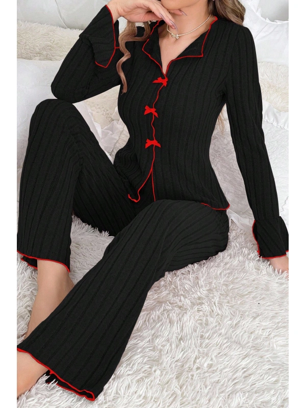 Kadın Siyah Kırmızı Biyeli Ve Fiyonklu Uzun Kollu Mevsimlik Pijama Takımı