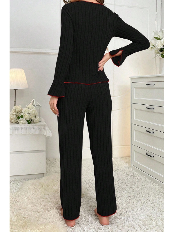 Kadın Siyah Kırmızı Biyeli Ve Fiyonklu Uzun Kollu Mevsimlik Pijama Takımı