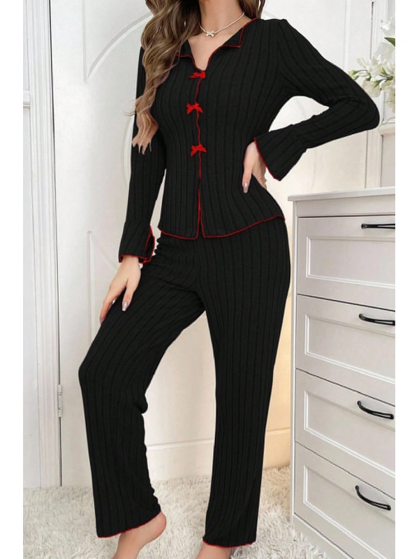 Kadın Siyah Kırmızı Biyeli Ve Fiyonklu Uzun Kollu Mevsimlik Pijama Takımı