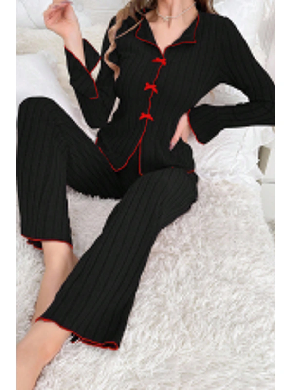 Kadın Siyah Kırmızı Biyeli Ve Fiyonklu Uzun Kollu Mevsimlik Pijama Takımı