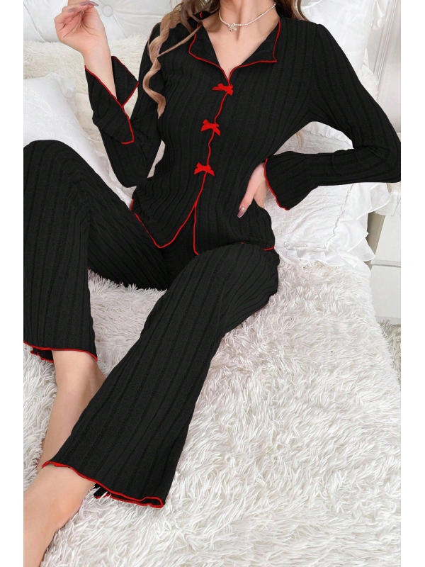 Kadın Siyah Kırmızı Biyeli Ve Fiyonklu Uzun Kollu Mevsimlik Pijama Takımı