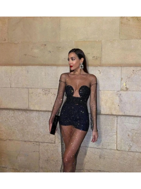 Kadın Siyah Kristal Taşlı File Elbise – Plaj Ve Gece Şıklığı İçin