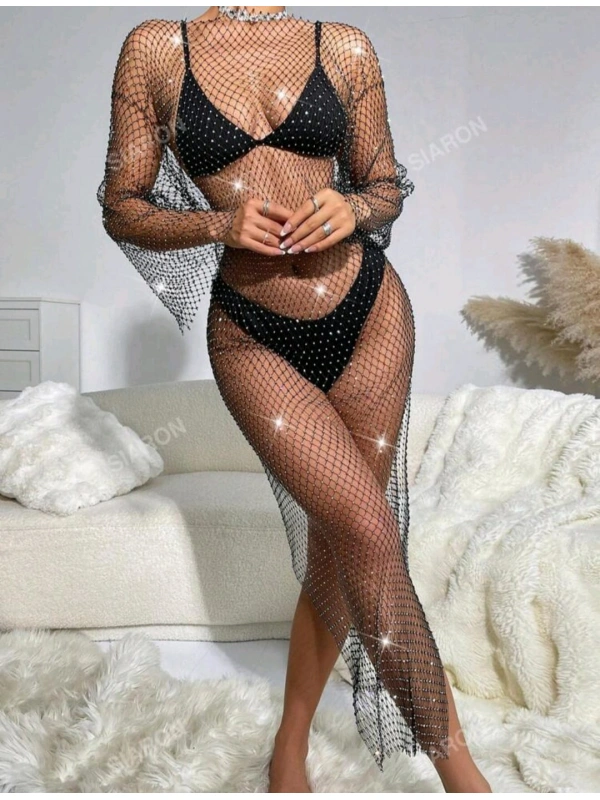 Kadın Siyah Kristal Taşlı File Elbise – Plaj Ve Gece Şıklığı İçin