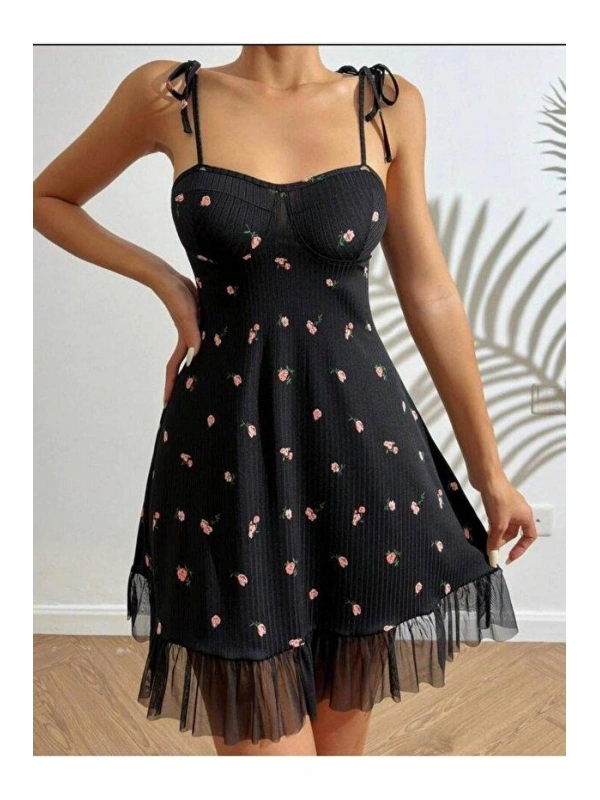 Kadın Siyah Pembe Gül Desenli Askılı Bağlamalı Dantel Detaylı Elbise 5072