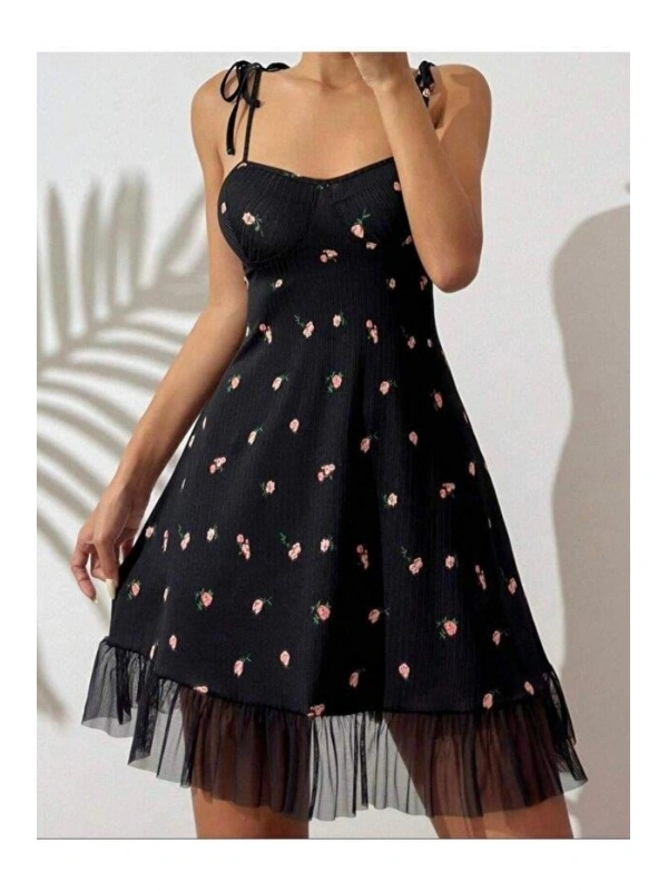 Kadın Siyah Pembe Gül Desenli Askılı Bağlamalı Dantel Detaylı Elbise 5072