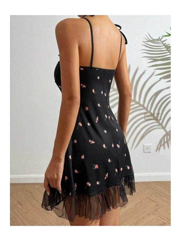 Kadın Siyah Pembe Gül Desenli Askılı Bağlamalı Dantel Detaylı Elbise 5072