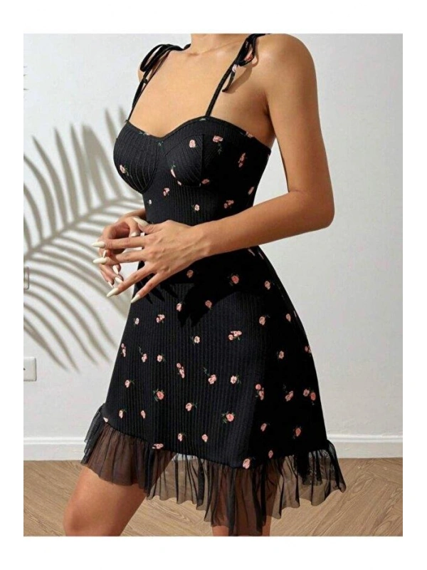 Kadın Siyah Pembe Gül Desenli Askılı Bağlamalı Dantel Detaylı Elbise 5072