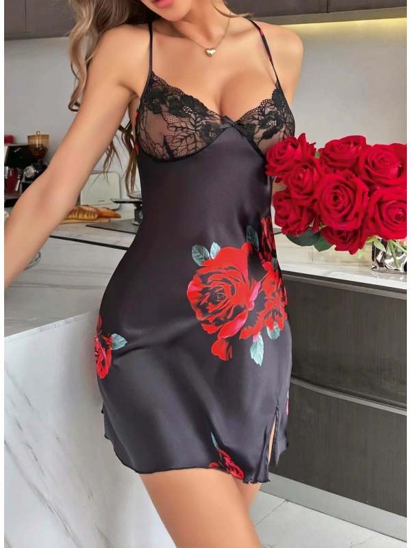 Kadın Siyah Saten Askılı Dantel Detaylı Gül Çicek Baskılı Gecelik 2221