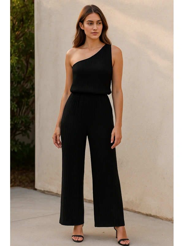 Kadın Siyah Tek Omuzlu Şık Bluz & Geniş Paça Pantolon İkili Takım