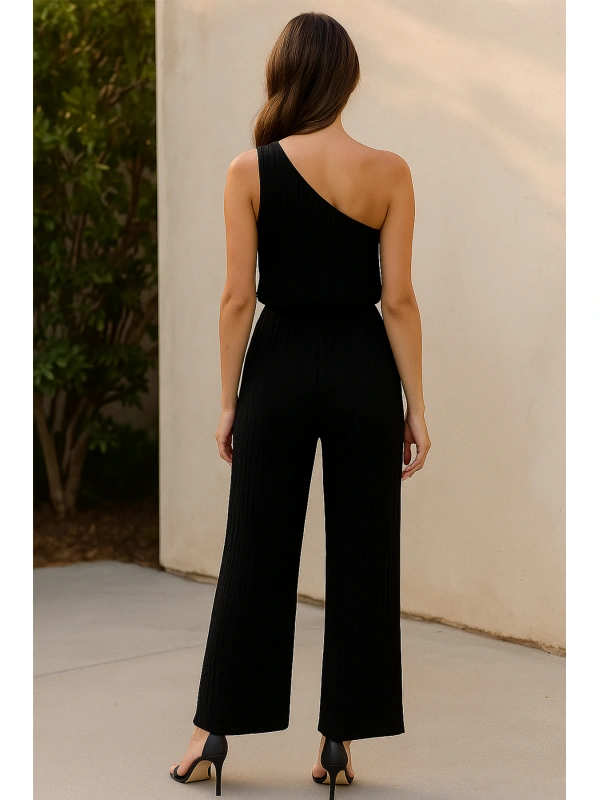 Kadın Siyah Tek Omuzlu Şık Bluz & Geniş Paça Pantolon İkili Takım
