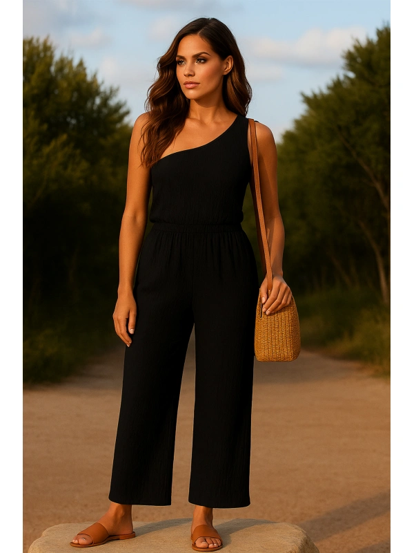 Kadın Siyah Tek Omuzlu Şık Bluz & Geniş Paça Pantolon İkili Takım