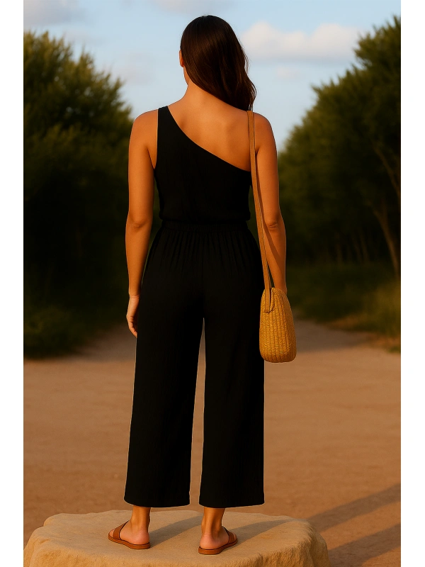 Kadın Siyah Tek Omuzlu Şık Bluz & Geniş Paça Pantolon İkili Takım