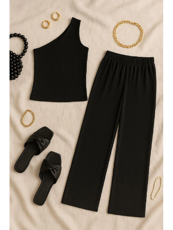 Kadın Siyah Tek Omuzlu Şık Bluz & Geniş Paça Pantolon İkili Takım