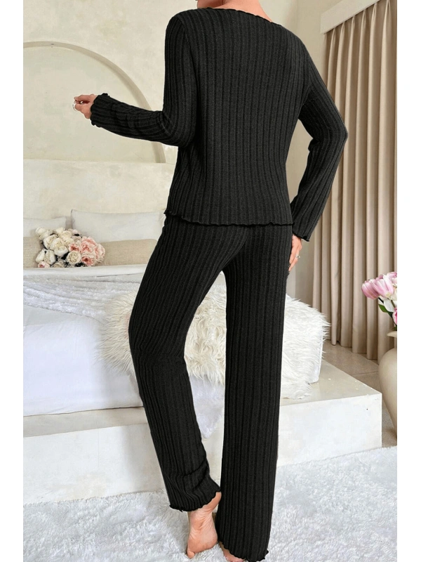 Kadın Siyah Uzun Kollu Fiyonklu Yuvarlak Yaka Mevsimlik Pijama Takımı