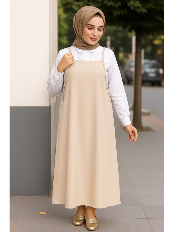 Kadın Taş Rengi Basic Ayarlanabilir Askılı Jile Elbise