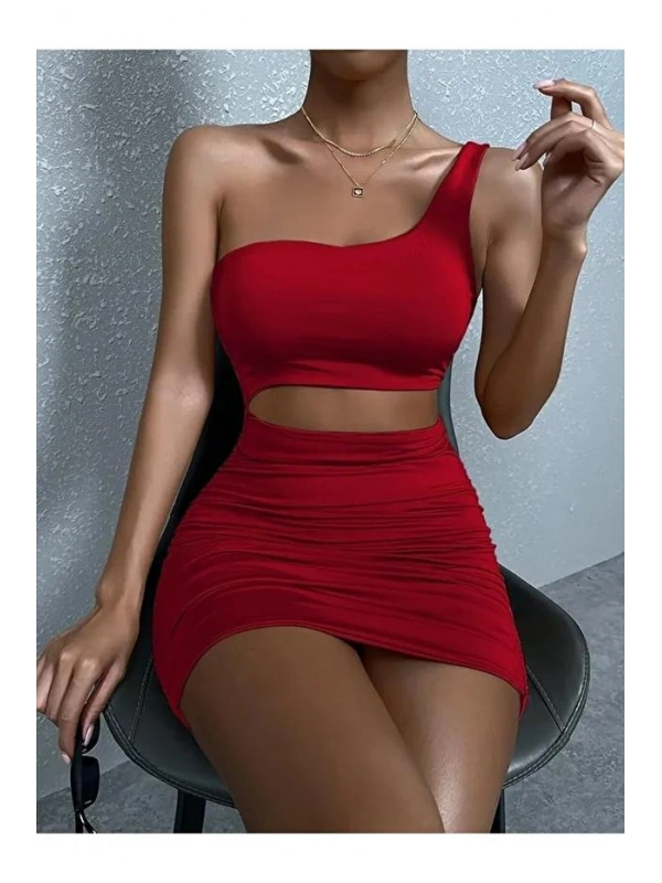 Kadın Tek Omuz Kesim Detaylı Büzgülü Fantezi Elbise 5078