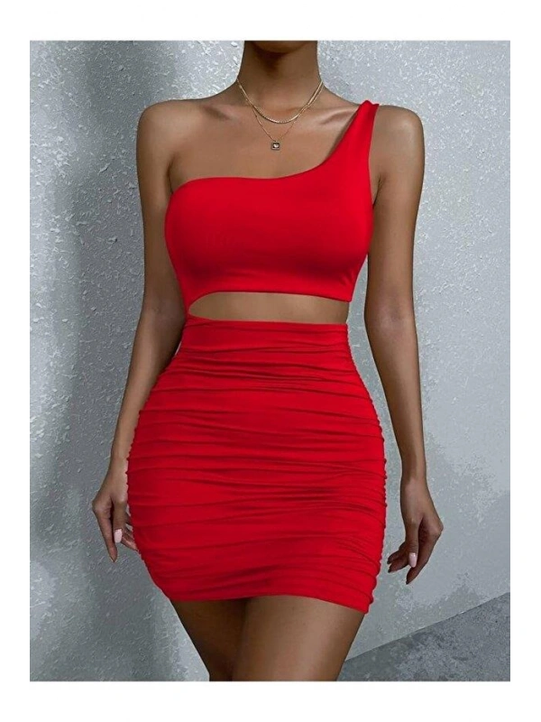 Kadın Tek Omuz Kesim Detaylı Büzgülü Fantezi Elbise 5078