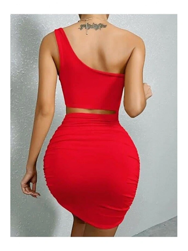 Kadın Tek Omuz Kesim Detaylı Büzgülü Fantezi Elbise 5078