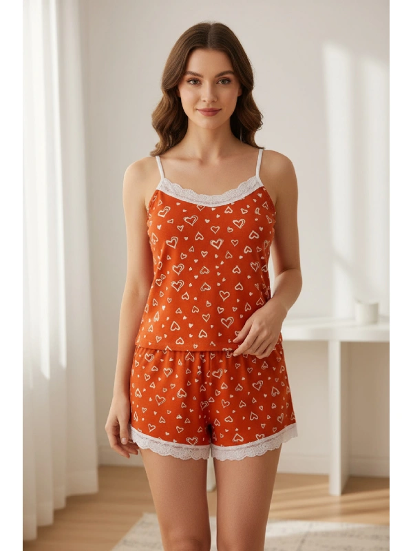 Kadın Turuncu Kalp Desenli Askılı Şortlu Dantelli Pijama Takımı