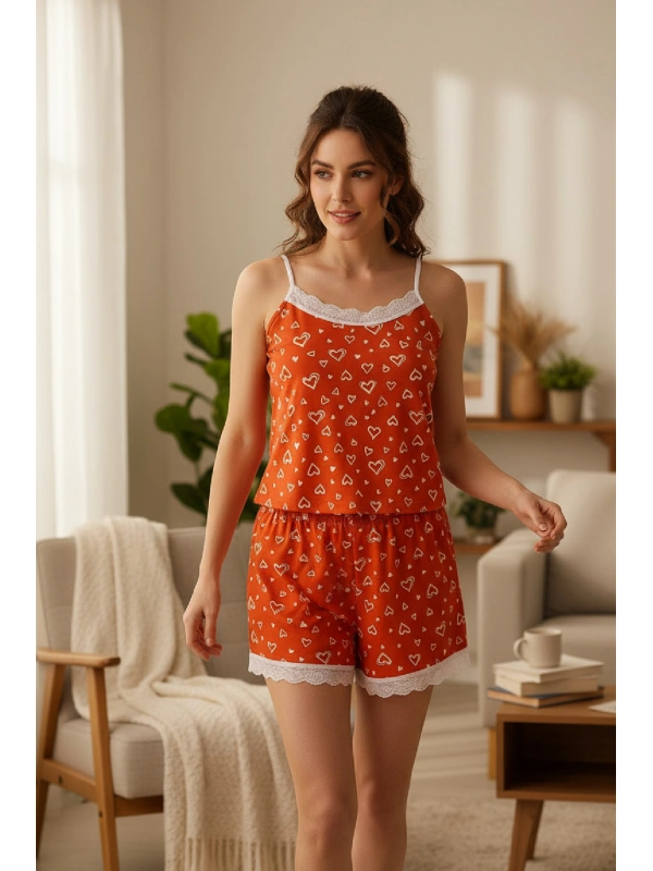 Kadın Turuncu Kalp Desenli Askılı Şortlu Dantelli Pijama Takımı