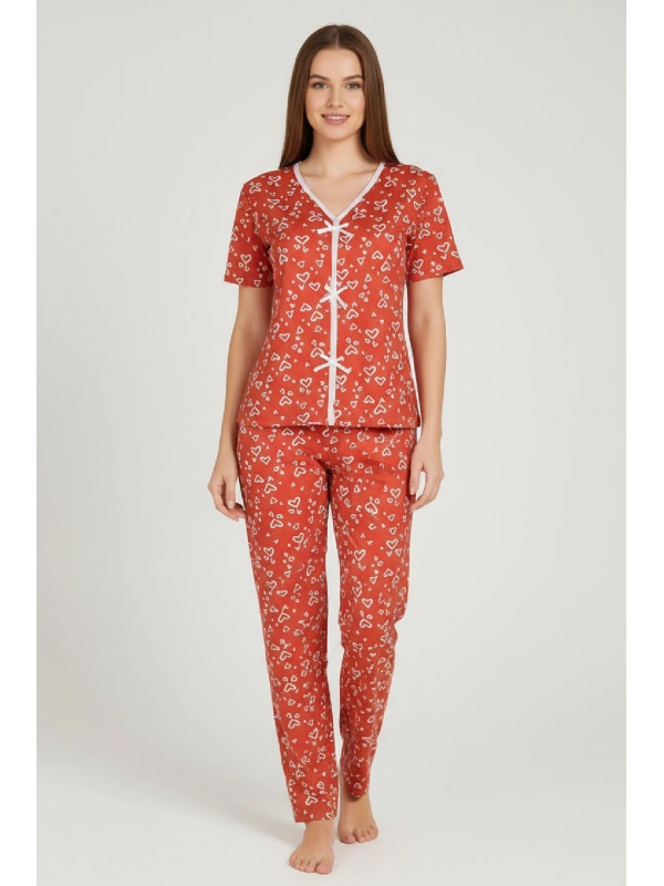 Kadın Turuncu Kalp Desenli Fiyonklu Kısa Kollu Uzun Pijama Takımı