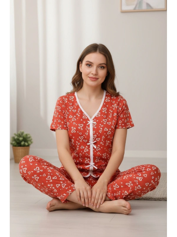 Kadın Turuncu Kalp Desenli Fiyonklu Kısa Kollu Uzun Pijama Takımı