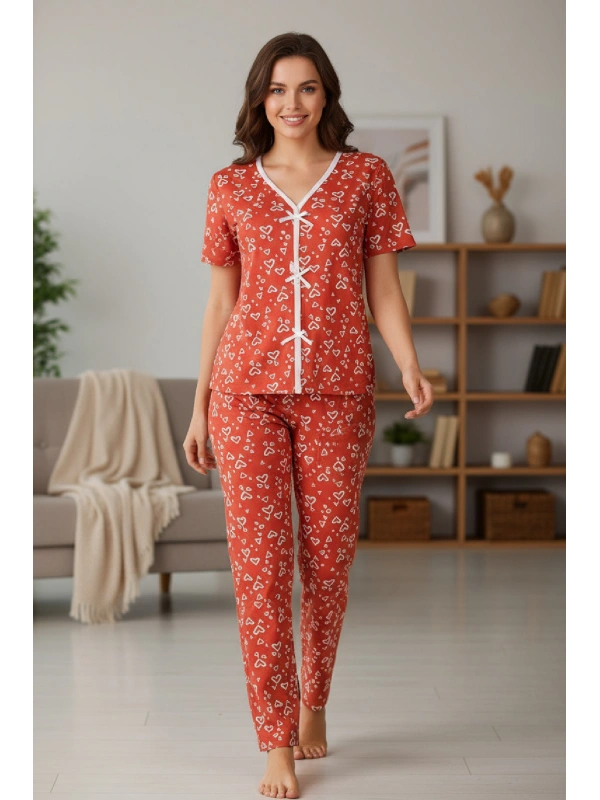 Kadın Turuncu Kalp Desenli Fiyonklu Kısa Kollu Uzun Pijama Takımı