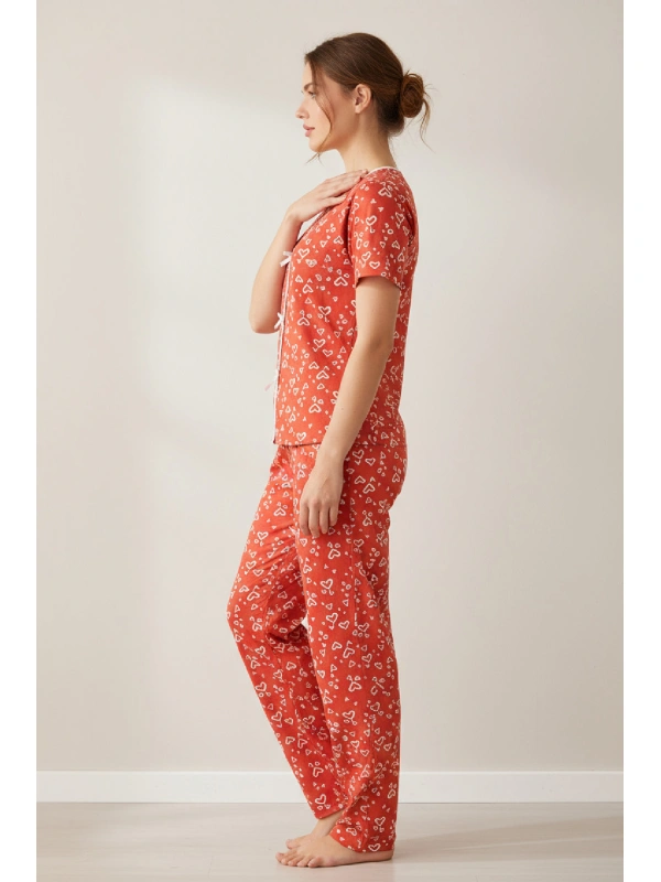 Kadın Turuncu Kalp Desenli Fiyonklu Kısa Kollu Uzun Pijama Takımı