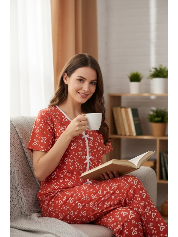 Kadın Turuncu Kalp Desenli Fiyonklu Kısa Kollu Uzun Pijama Takımı