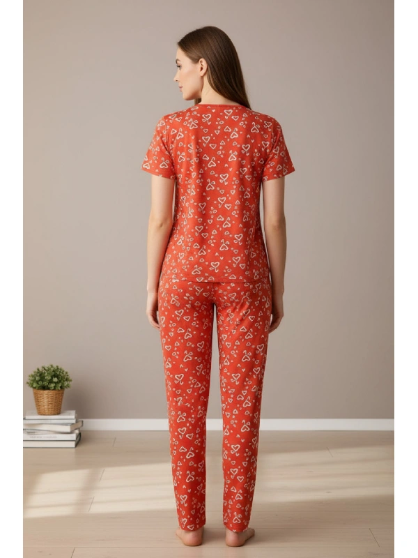 Kadın Turuncu Kalp Desenli Fiyonklu Kısa Kollu Uzun Pijama Takımı