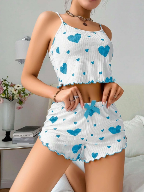Kadınbeyaz Mavi Kalp Desenli Askılı Şortlu Pijama Takım 6657