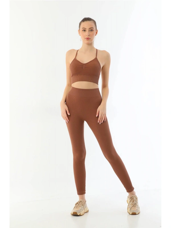 Kahve Mı Emay 3921 Soft Seamless Ripli Tayt Yoga Takımı