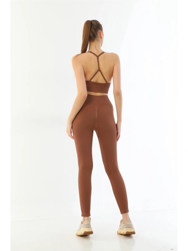 Kahve Mı Emay 3921 Soft Seamless Ripli Tayt Yoga Takımı