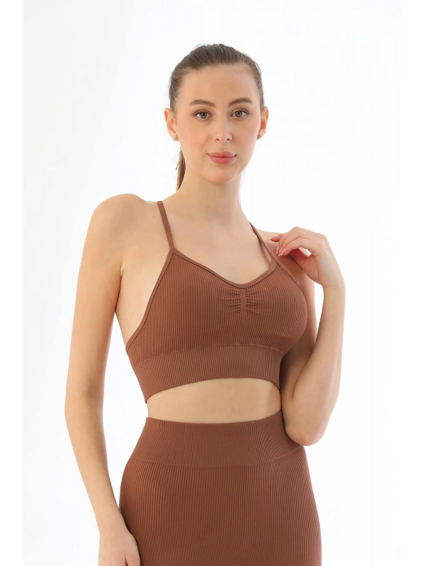 Kahve Mı Emay 3921 Soft Seamless Ripli Tayt Yoga Takımı
