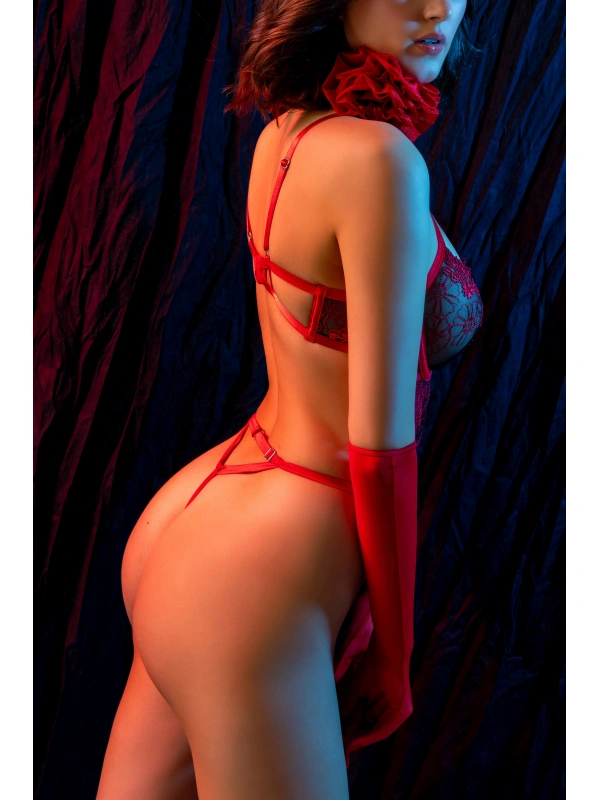 Kırmızı Dantel Jartiyerli 3’lü Fantazi İç Giyim Takımı, Transparan Ayarlanabilir Askılı,kadın İç Giyim