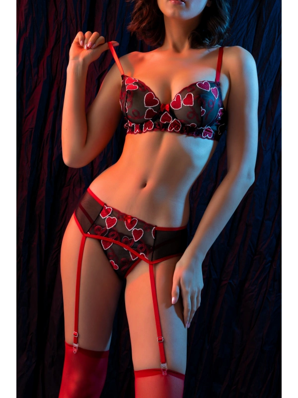 Kırmızı Dantel Jartiyerli 4’lü Fantazi İç Giyim Takımı,transparan Ayarlanabilir Askılı,kadın İçgiyim
