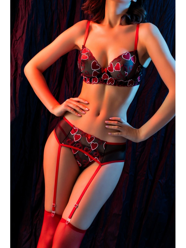 Kırmızı Dantel Jartiyerli 4’lü Fantazi İç Giyim Takımı,transparan Ayarlanabilir Askılı,kadın İçgiyim