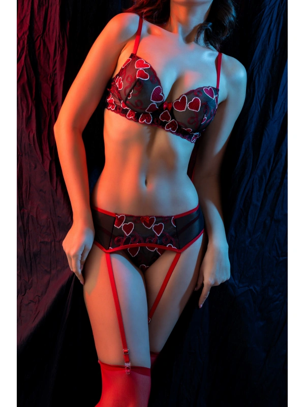 Kırmızı Dantel Jartiyerli 4’lü Fantazi İç Giyim Takımı,transparan Ayarlanabilir Askılı,kadın İçgiyim