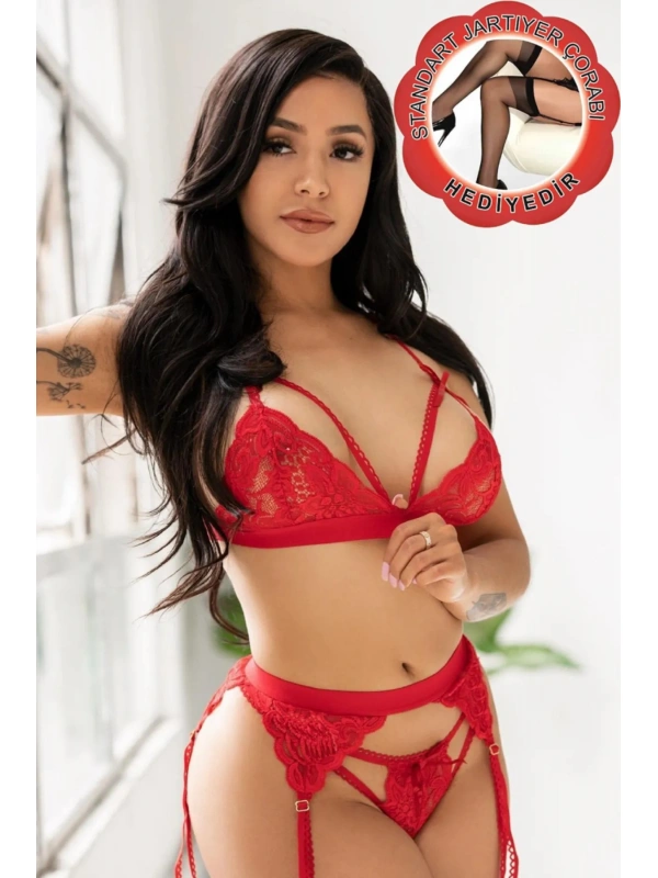 Kırmızı Dantelli Jartiyer Takımı Brf1240