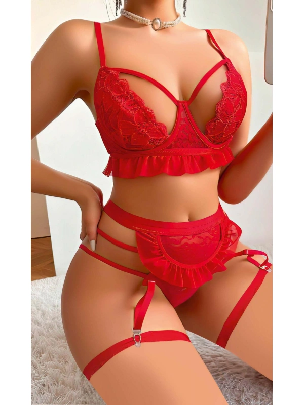 Kırmızı Hizmetçi Kostüm Bacak Bantlı Fantazi Gecelik 2084